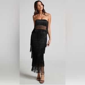 Showpo two piece fringe strapless crop top and midi skirt size 16